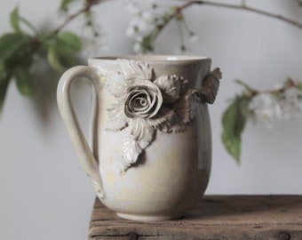 Alice no dot ivory glaze tall -  Stoneware Tea Cup with roses in ivory -  Handmade  Ceramics