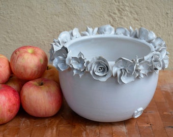 Big stoneware bowl in white with three different kind of  flowers  - MADE TO ORDER -  Handmade Ceramics  - Stoneware -