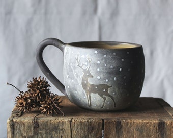 Black Stoneware Tea Cup  "The listening deer" - MADE TO ORDER