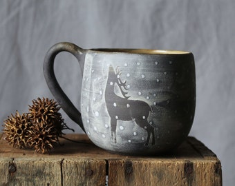 Black Stoneware Tea Cup  "The deer sniffs the air" -