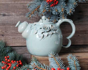 Alice in Wonderland Teapot  - MADE TO ORDER - Stoneware teapot with roses in light blue granitic glaze