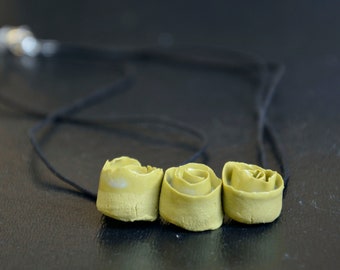 Three yellow mustard roses  Porcelain Necklace - Three  colored Porcelain Roses a Necklace from Italy - Limoges Porcelain