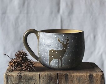 Black Stoneware Tea Cup  "The watching deer " -