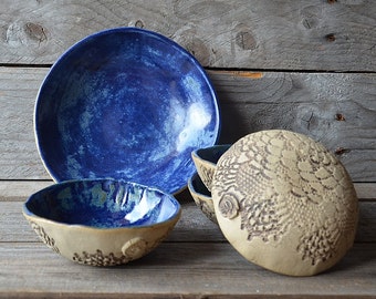 Set of Five stoneware dishes in rustic blue - one medium and four small - MADE TO ORDER  - Stoneware