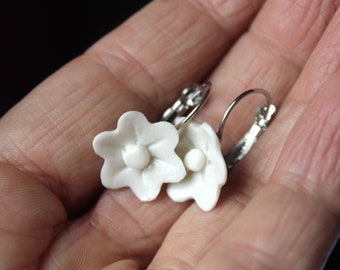 White dangle drop earrings - Limoges porcelain