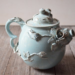 Set Alice in wonderland Teapot, creamer, sugar bowl and little teaspoon MADE TO ORDER Stoneware with roses in light blue glaze image 3