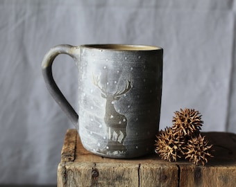 Stoneware Tea Cup  "Deer in the snow" -