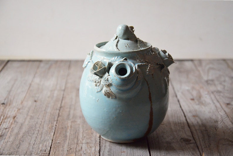Alice in Wonderland Teapot Stoneware teapot with roses in light blue granitic glaze image 4