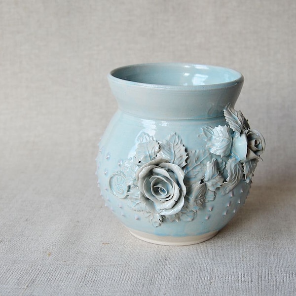 Little jar in blue with rosee and leaves and pink dots - Handmade Ceramics  - Stoneware - light blue