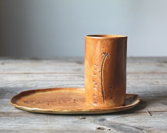Capsella bursa-pastoris - Set of a dish and a mug - Stoneware
