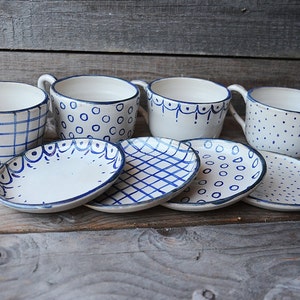 Stoneware rustic Tea Cups with saucers MADE TO ORDER set of 4 Rustic cream with blue decoration Handmade Ceramics image 3