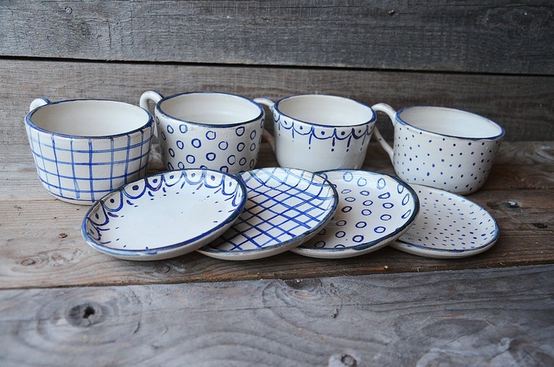 Stoneware rustic Tea Cups with saucers MADE TO ORDER set of 4 Rustic cream with blue decoration Handmade Ceramics image 3