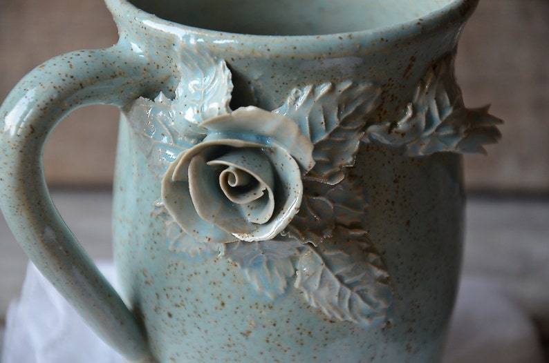 Alice no dot blue glaze tall Stoneware Teacup with roses in light blue without dots Handmade Ceramics image 4