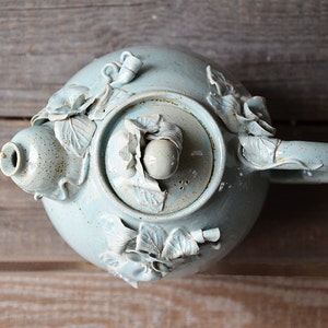Pansy Teapot MADE TO ORDER Stoneware teapot with daisies in light blue granitic glaze image 2