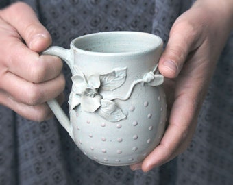 Stoneware Tea Cup with a pansy Handmade Ceramics - MADE TO ORDER - Stoneware  - light blue - mug
