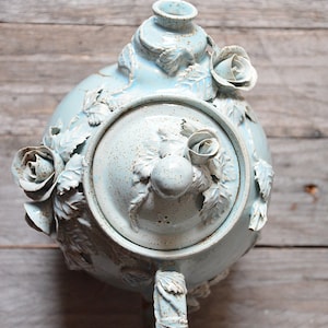 Alice in Wonderland Teapot Stoneware teapot with roses in light blue granitic glaze image 6