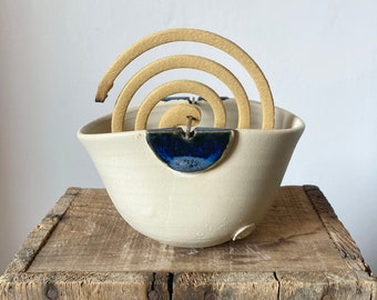 White and blue   Stoneware Bowl  for mosquito killer spiral (zampirone)-   Handmade Ceramics  - Stoneware -