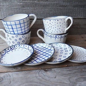 Stoneware rustic Tea Cups with saucers MADE TO ORDER set of 4 Rustic cream with blue decoration Handmade Ceramics image 2