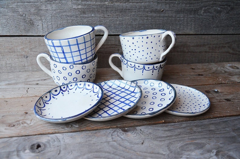 Stoneware rustic Tea Cups with saucers MADE TO ORDER set of 4 Rustic cream with blue decoration Handmade Ceramics image 2