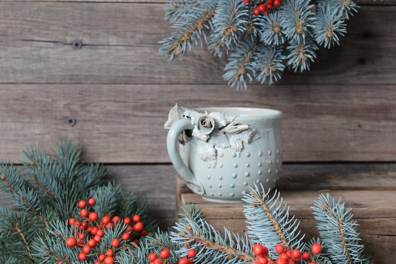 Alice pink dot blue glaze low MADE TO ORDER Stoneware Tea Cup with roses with pink dots Handmade Ceramics mug image 6