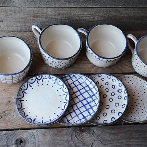 Stoneware rustic Tea Cups with saucers MADE TO ORDER set of 4 Rustic cream with blue decoration Handmade Ceramics image 4