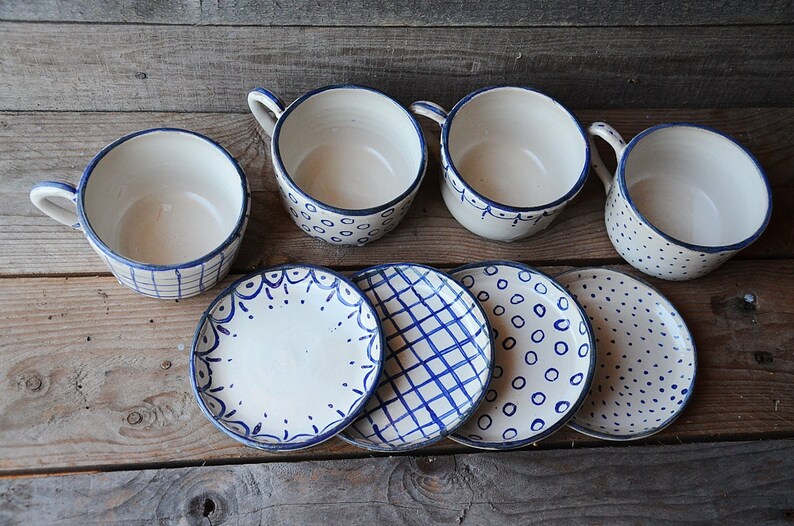 Stoneware rustic Tea Cups with saucers MADE TO ORDER set of 4 Rustic cream with blue decoration Handmade Ceramics image 4