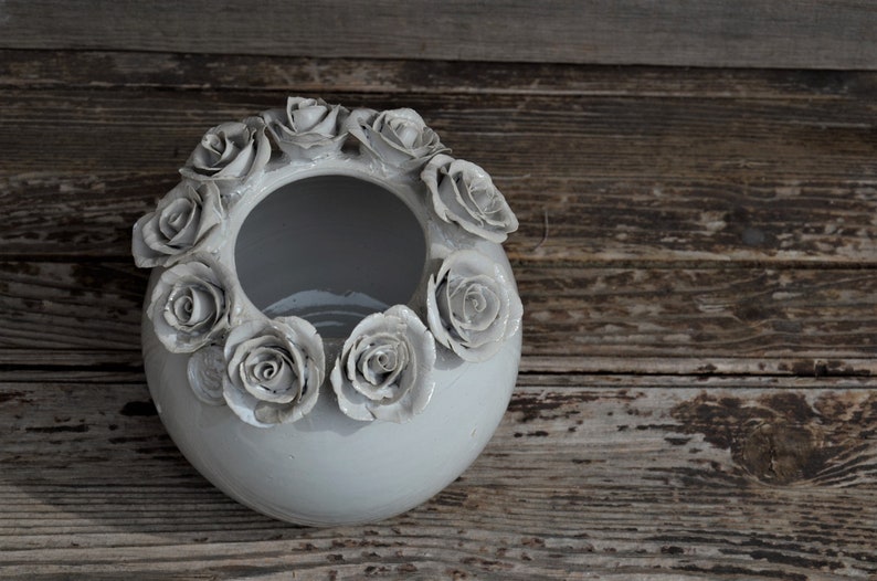 Wheel Thrown Stoneware Vase With White Ceramic Roses - Made to Order - Etsy