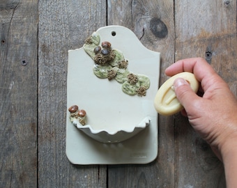 Dish soap in white with boletus edulis mushrooms and  moss - wall mounted -  Stoneware