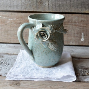 Alice no dot blue glaze tall Stoneware Teacup with roses in light blue without dots Handmade Ceramics image 1