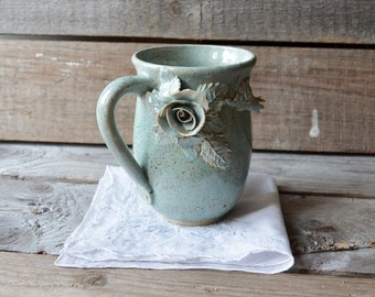 Alice no dot blue glaze tall -  Stoneware Teacup  with roses in light blue without dots - Handmade  Ceramics -