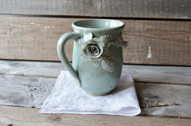 Alice no dot blue glaze tall Stoneware Teacup with roses in light blue without dots Handmade Ceramics image 1