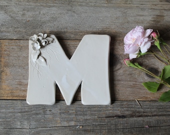 M - Ceramic letter with little flowers - stoneware