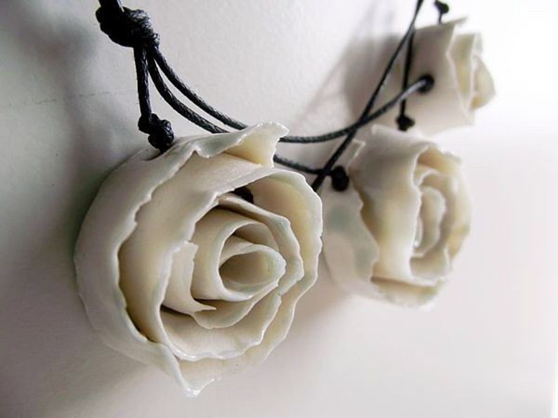 Porcelain Necklace Three White Porcelain Roses a Fresh Necklace from Italy Limoges Porcelain image 1