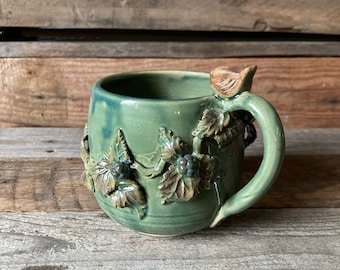 Stoneware Tea Cup  "Bird and blackberries"- MADE TO ORDER