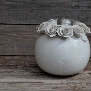 Stoneware white Vase with roses Wheel thrown Stoneware Vase image 1