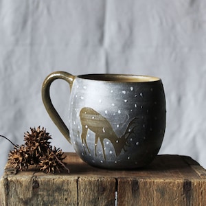 Black Stoneware Tea Cup  &quot;The grazing deer&quot; -