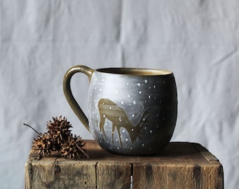Black Stoneware Tea Cup  "The grazing deer" - MADE TO ORDER