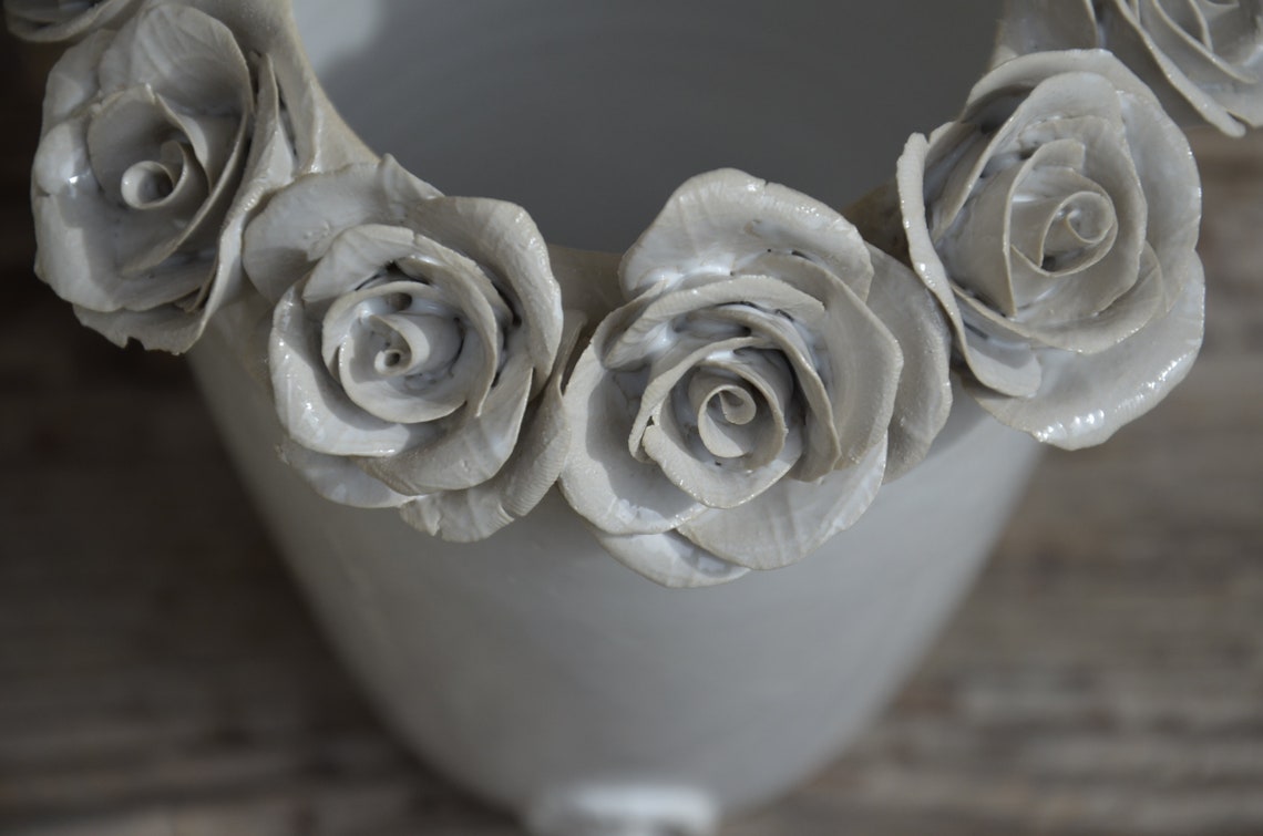 Wheel Thrown Stoneware Vase With White Ceramic Roses - Made to Order - Etsy