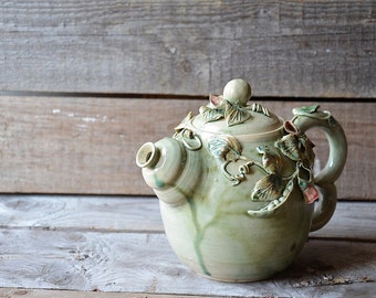 Handmade Stoneware Teapot – Peas and Flowers Design, Light Green Glaze (MADE TO ORDER)
