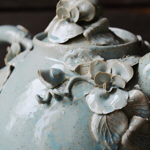 Pansy Teapot MADE TO ORDER Stoneware teapot with daisies in light blue granitic glaze image 3