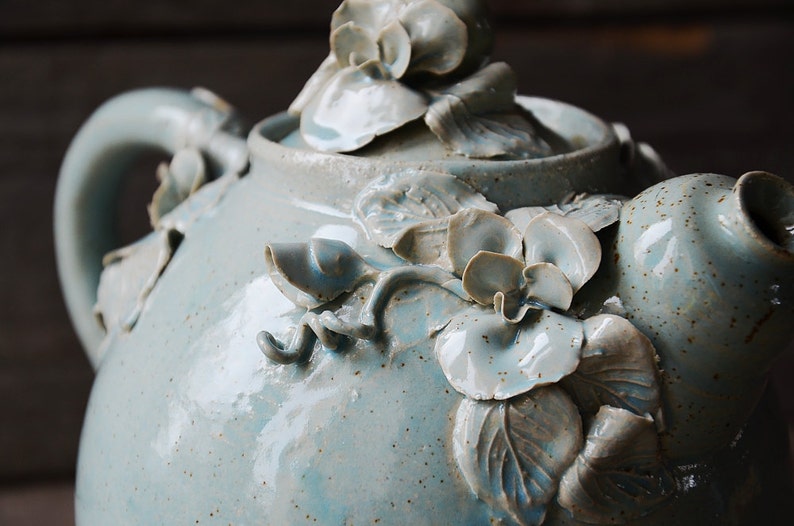 Pansy Teapot MADE TO ORDER Stoneware teapot with daisies in light blue granitic glaze image 3