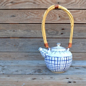 Odette Stoneware Teapot in white with rustic blue decor Stoneware grès Teapot Ceramic teapot image 3