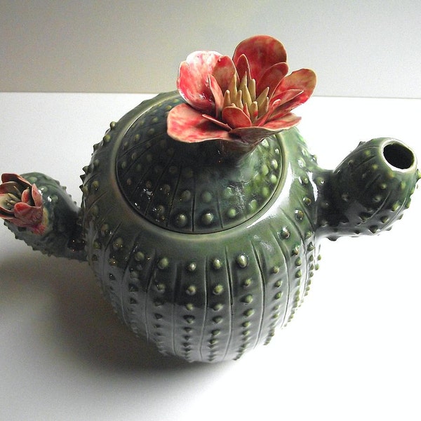 Ceramic  Cactus Teapot  with flowers - MADE TO ORDER -  Stoneware (grès) Teapot