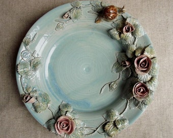 Light blue stoneware Dish  - The rosebush  and the snail - from a H.C. Andersen tale