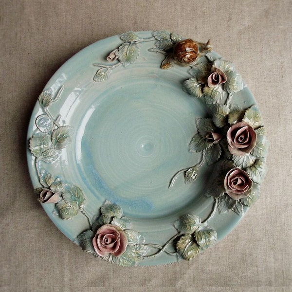 Light blue stoneware Dish  - The rosebush  and the snail - from a H.C. Andersen tale