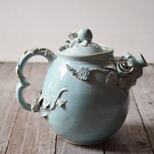 Alice in Wonderland Teapot Stoneware teapot with roses in light blue granitic glaze image 3