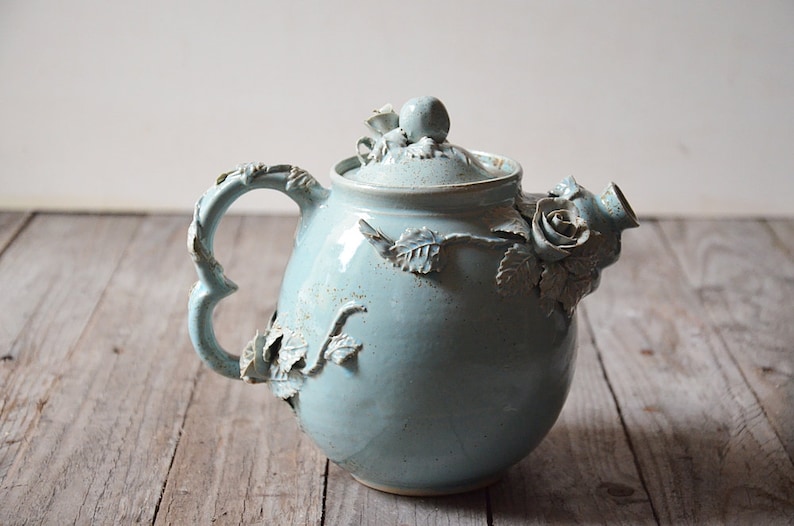 Alice in Wonderland Teapot Stoneware teapot with roses in light blue granitic glaze image 3