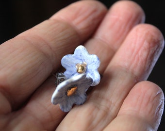 Blue and gold porcelain flower pin earrings - Limoges porcelain