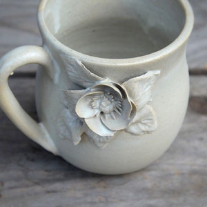 Stoneware Tea Cup  in cream with anemone  - Handmade  Stoneware Ceramics  - cream - mug