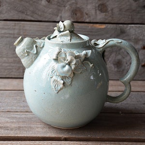 Pansy Teapot - MADE TO ORDER -  Stoneware teapot with daisies in light blue granitic glaze